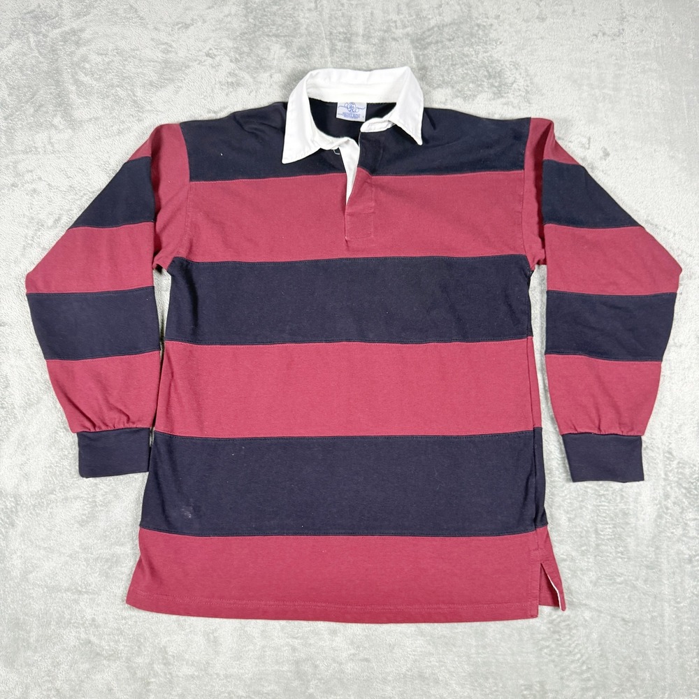 Front Row Mens L Rugby Shirt Navy Blue Burgundy Striped Heavyweight